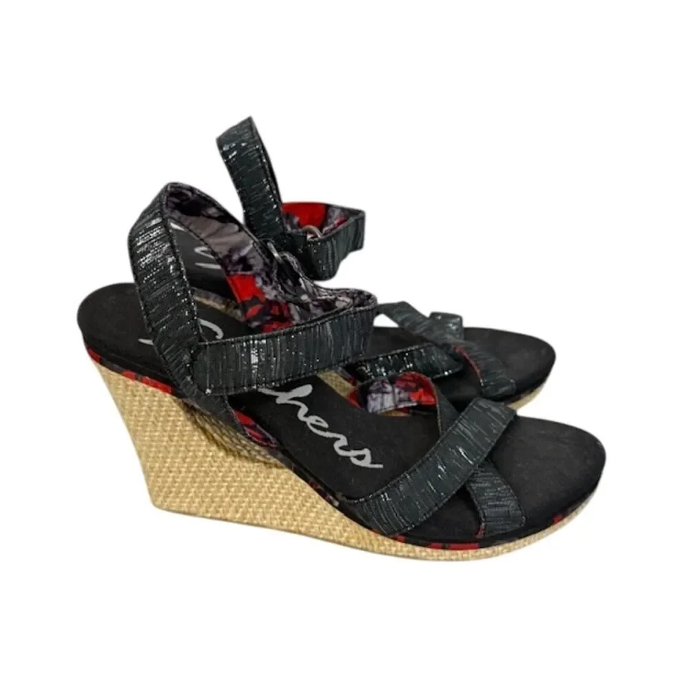 Skechers Women's Wedge Sandals Size 8 Strappy Espadrille Black Comfort